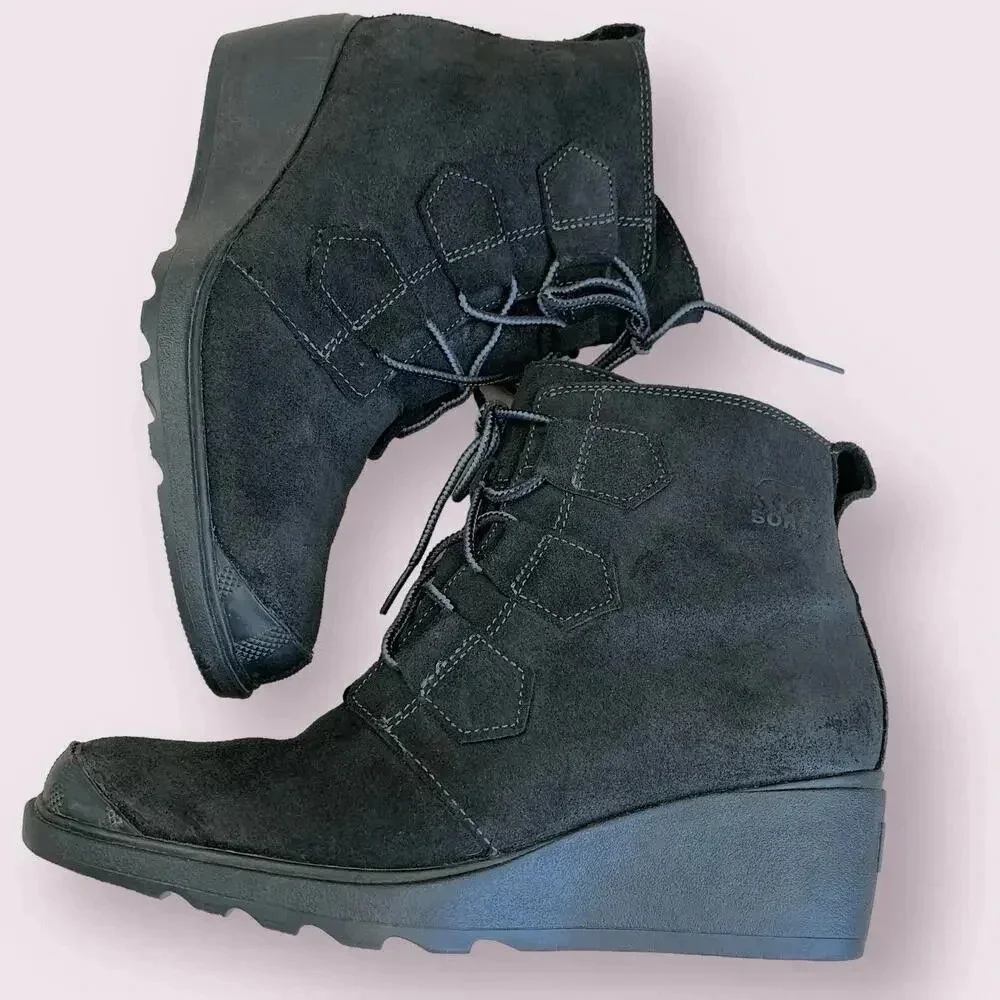 Sorel Suede Leather Waterproof Wedge Heel Ankle Bootie Lace Up Size 9 Black